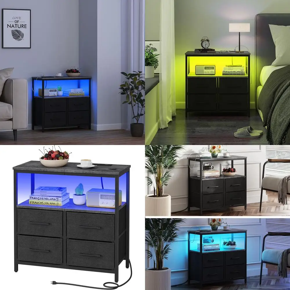 

Charcoal Grey Nightstand with Charging Station, USB & Type-C Ports, Cloth Drawers for Bedroom & Living Room TB01BY081L