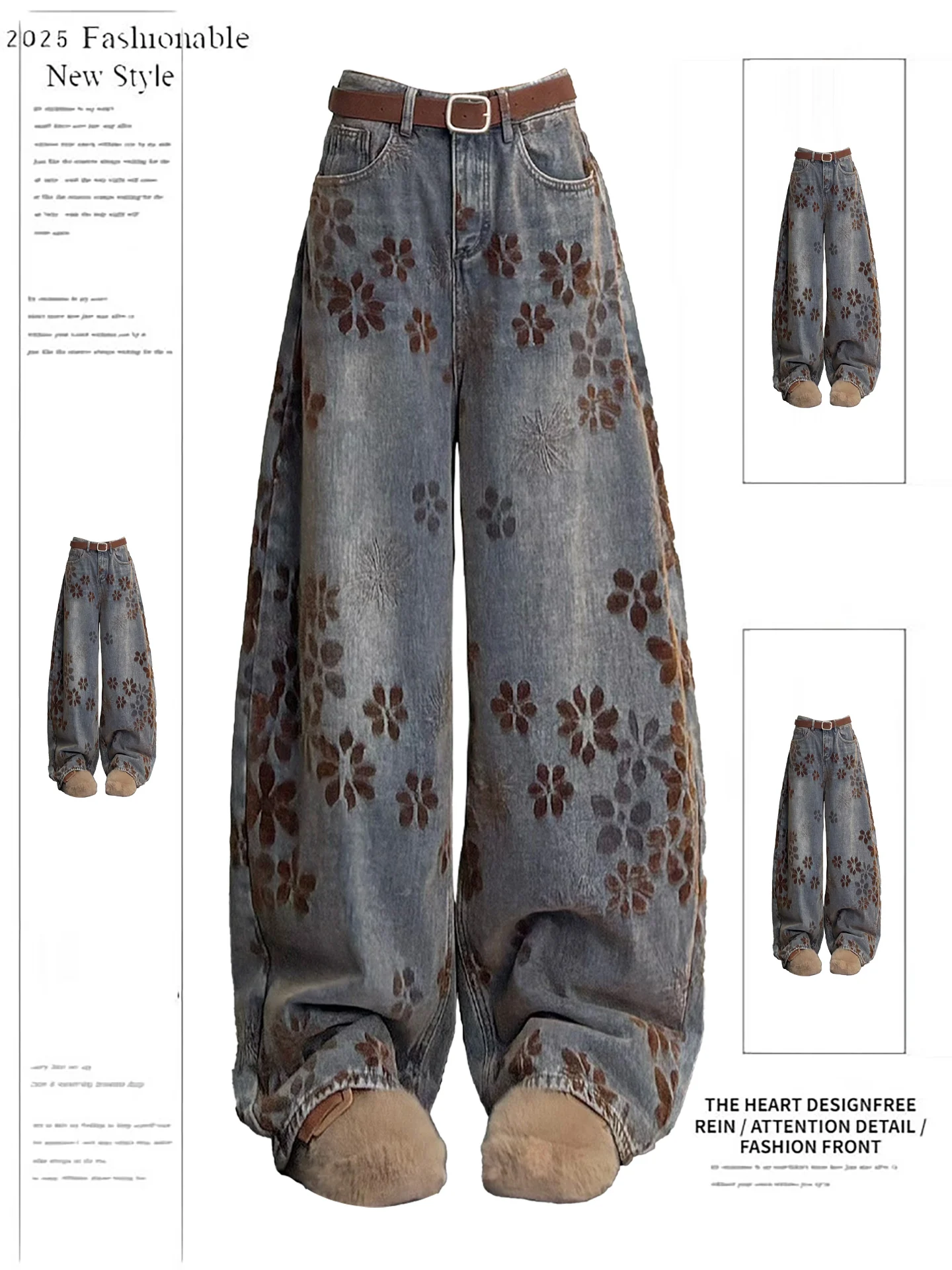 

Retro American Knitted Wide Leg Jeans Women's Asymmetrical High Waist Straight Cut Casual Fall Winter Fashion Ladies Pants