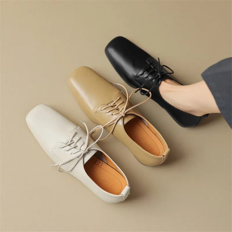 New Split Leather Loafers Spring/Autumn Square Toe Chunky Heel Lace Women Pumps Shoes for Women Ladies Shoes Comfort Low Heels