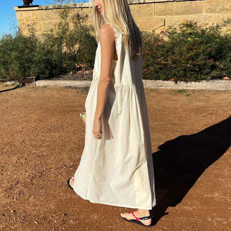 Vestidos Mujer Sexy Deep V Neck Hollow Boho Dress Woman Elegant Embroidered Lace Loose Long Dress Sleeveless Tank Summer Dresses