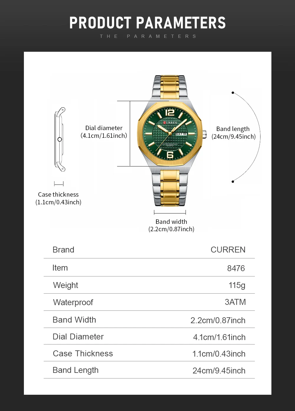 CURREN Herren-Businessuhr Quarz mit Tages- und Datumsanzeige, Edelstahlarmband, schlanke Armbanduhr für Männer, Leuchtzeiger – Detail 1