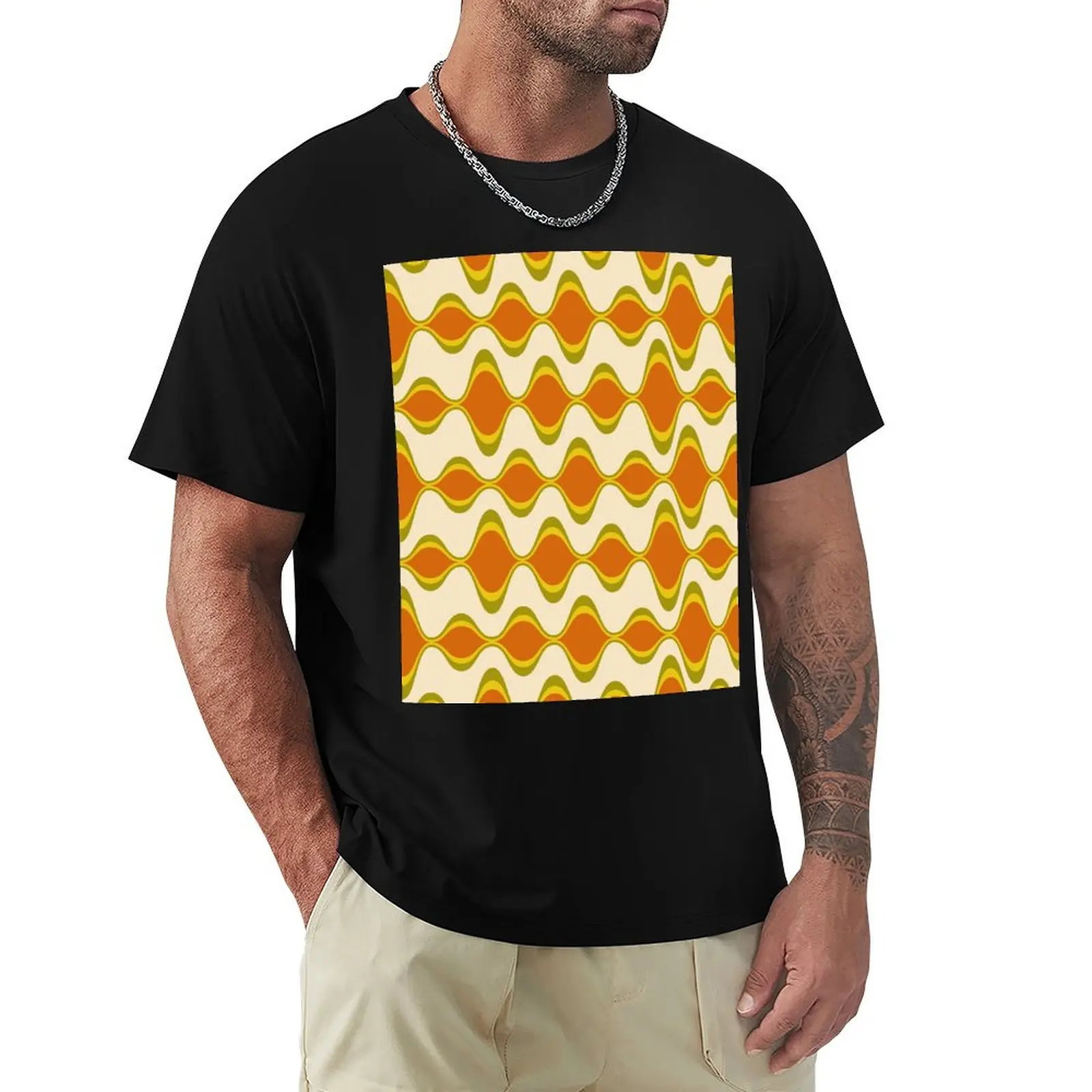 

Retro Psychedelic Wavy Pattern in Orange, Yellow, Olive T-Shirt basketball graphic tees new edition workout shirts for men