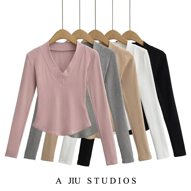 

Футболка Slim Fit Long Sve V-Ne Женская ort Sle Basic Pure Color Base irt Внутренняя одежда Повседневная весенняя мода