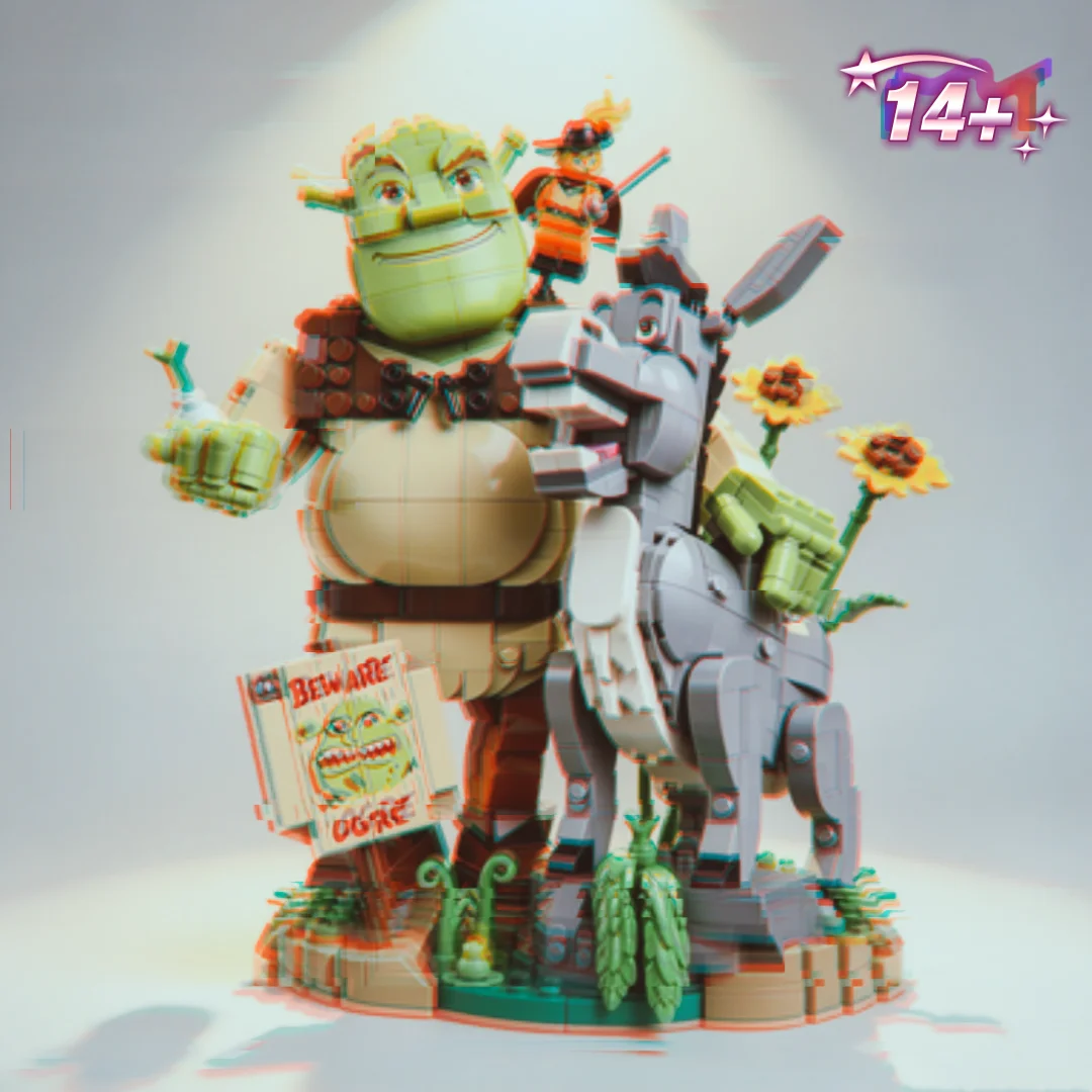 2026 New Hot Toys 1403pcs Popular Animation Movie Green Monster Donkey Cat in Boots Building Blocks Model Toy Birthday Gifts