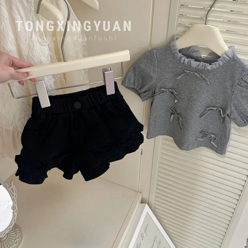 

Girls' Short SleeveTT-shirt2025Summer New Children's Bow Top Women's Baby Summer Suit