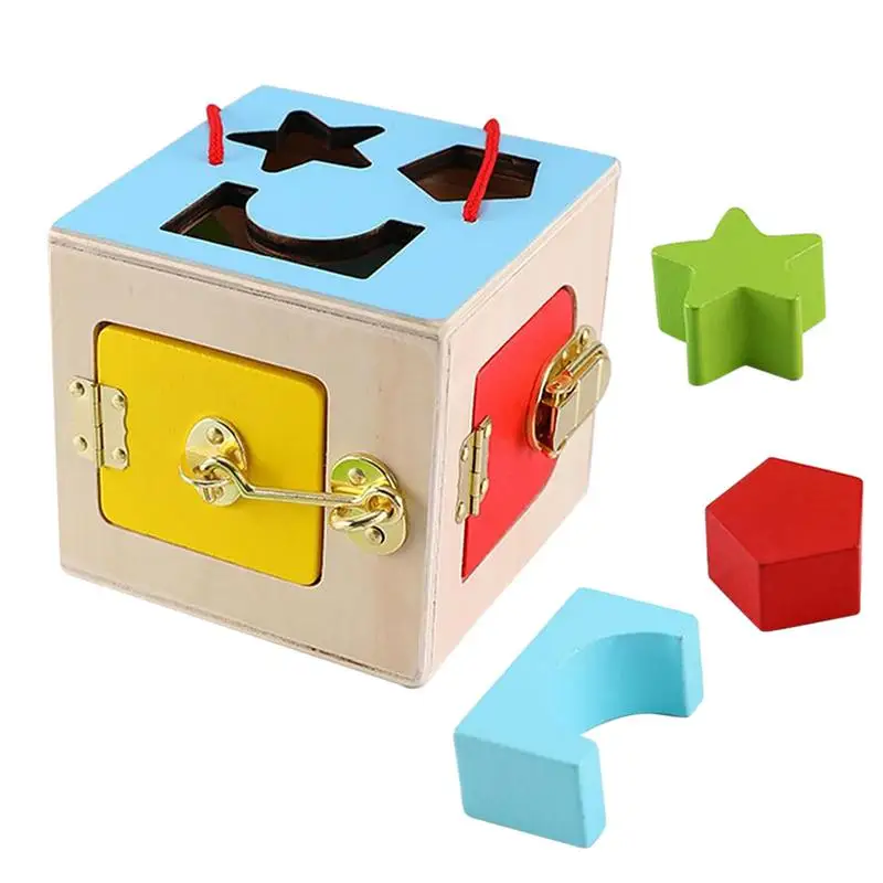 Wood Lock Box Toy Colorful Geometry Lock Box Wooden Activity Cube Lock Toys Sensory Box Toys Learning Toys Gift Toddler Boys