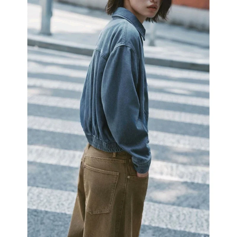 가을 여성 패션 메탈 지퍼 웨이드 효과 칼라 롱 슬리브 데님 파일럿 재킷 캐주얼 슬림 핏 폴리에스터 섬유