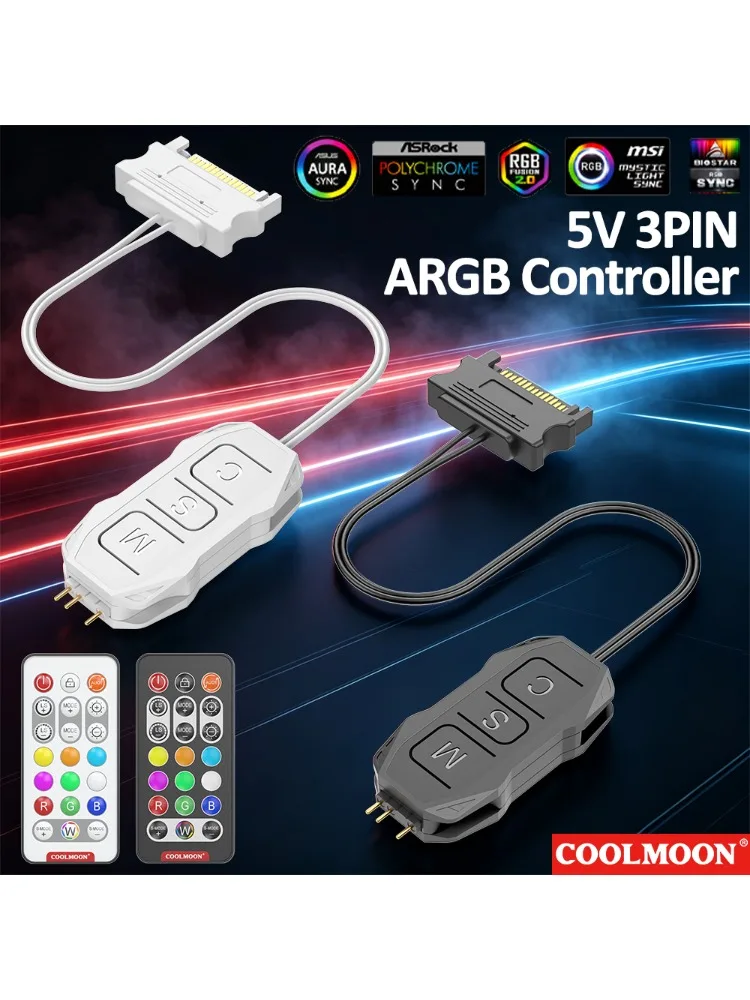 ARGB-Controller 5V 3-Pin zu SATA-Stromversorgung Mini-RGB-Controller Fernbedienung 3-Pin-Hub Computer-CPU-Gehäuse Kühlerlüfter LED-Licht Radiator