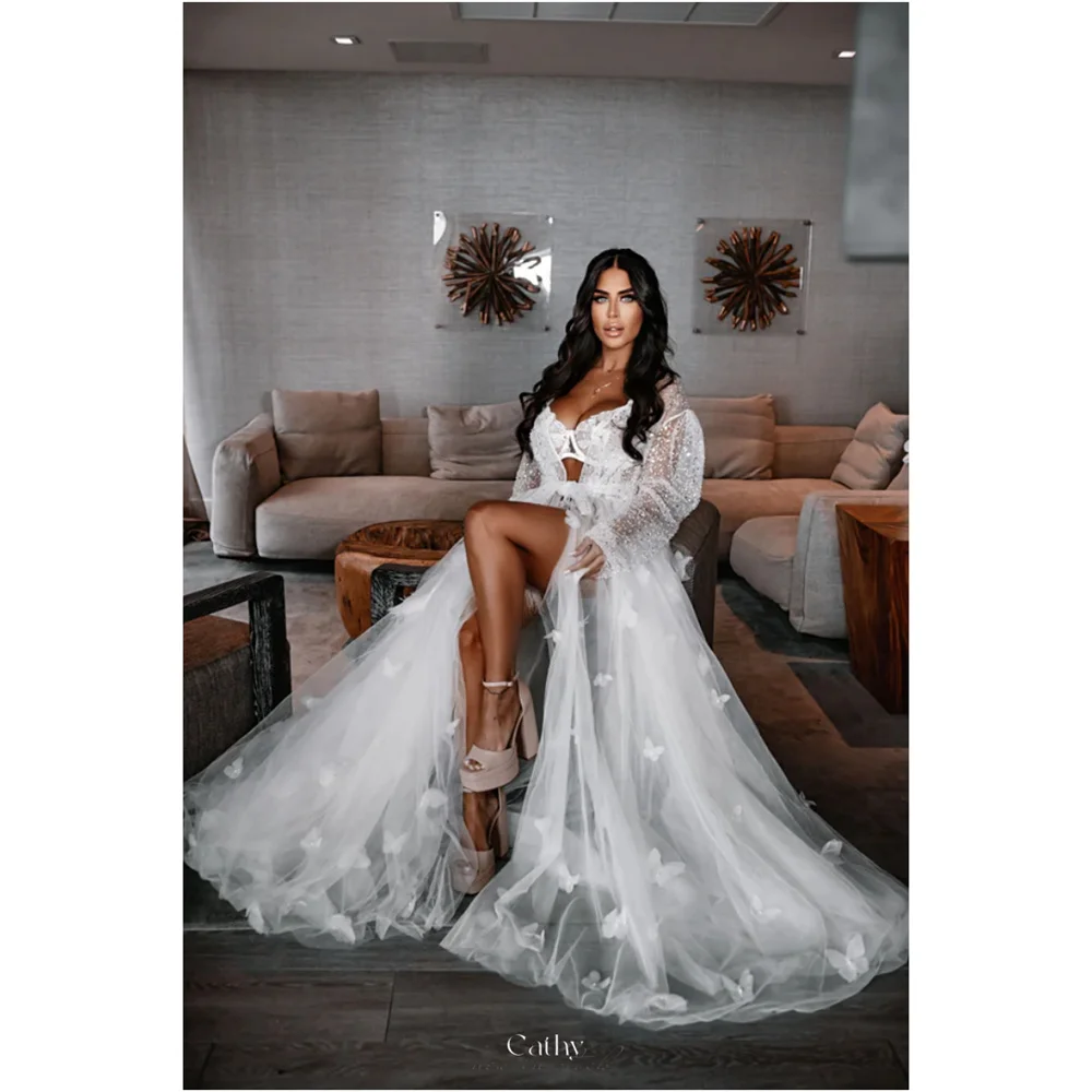 

Cathy White A-line Sequin Sleeve Wedding Dress V-neck Side Split vestidos de noiva Floor-Length Butterfly Evening Dresses 2024