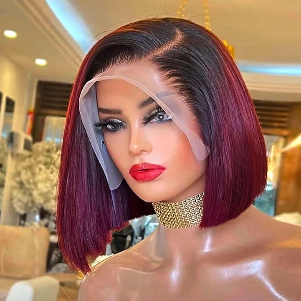 

Ombre 99J Burgundy Lace Front Bob Wigs Human Hair 13x4 HD Lace Frontal Wigs Glueless Short Straight Bob Wigs for Women On Sale