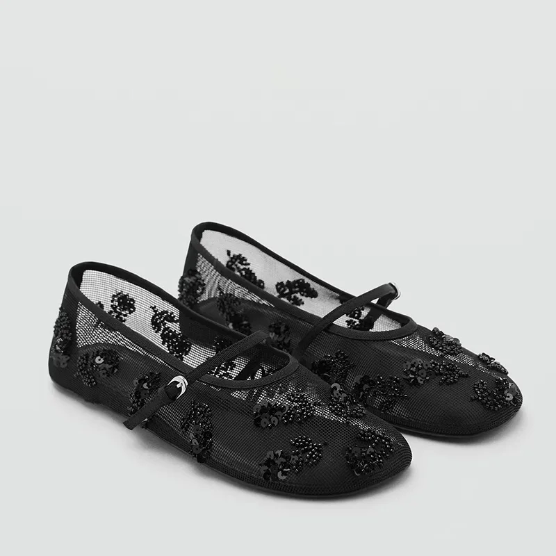 حذاء ماري جين المسطح الجديد للسيدات بمقدمة مستديرة من قطعة واحدة بأزرار من ماري جين مع ترتر وشريط من القماش الشبكي #2