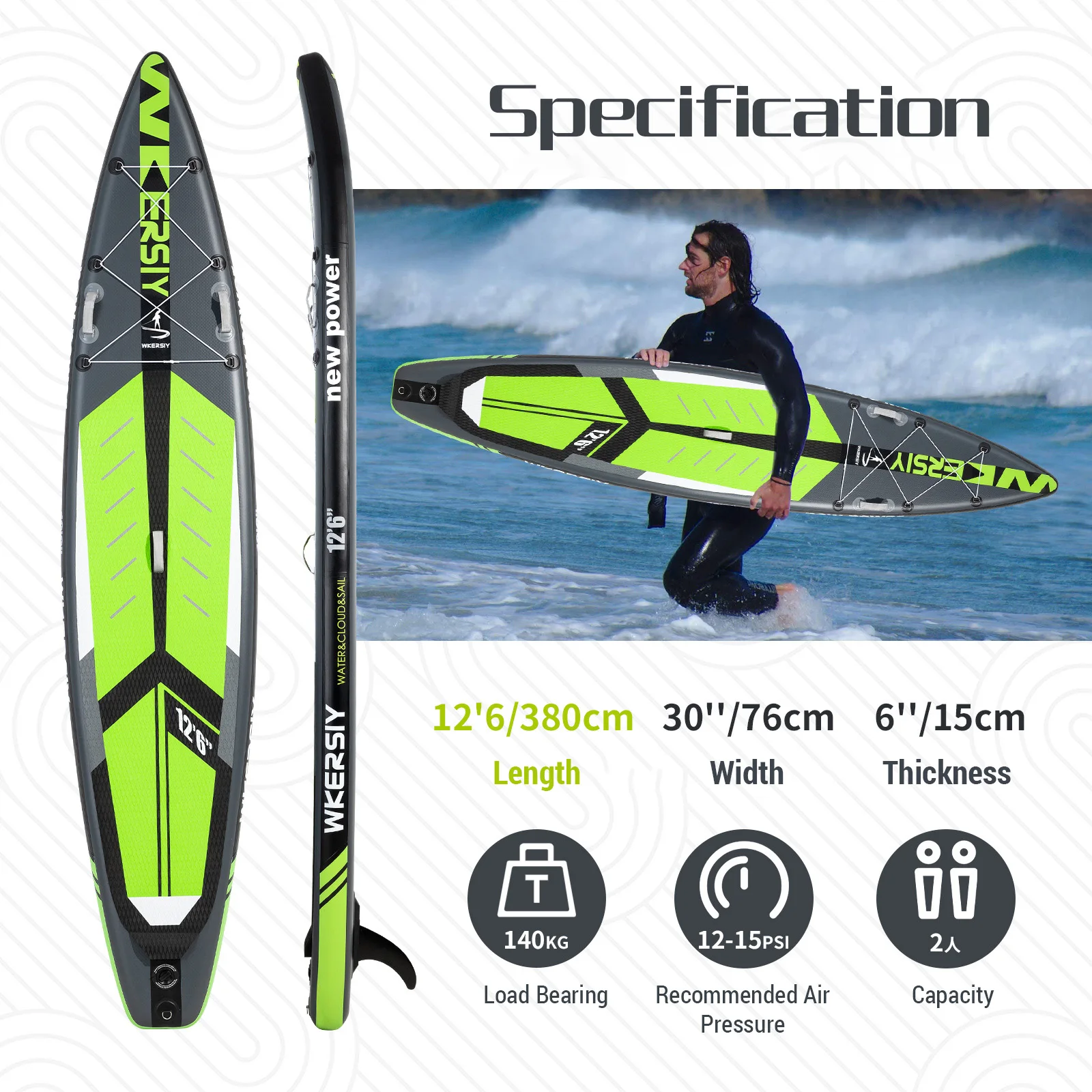 Inflatable Stand Up Paddle Board Non-Slip Kayak SUP Beach Water-skiing Surfboard Pulp Board with SUP Accessories for Youth Adult