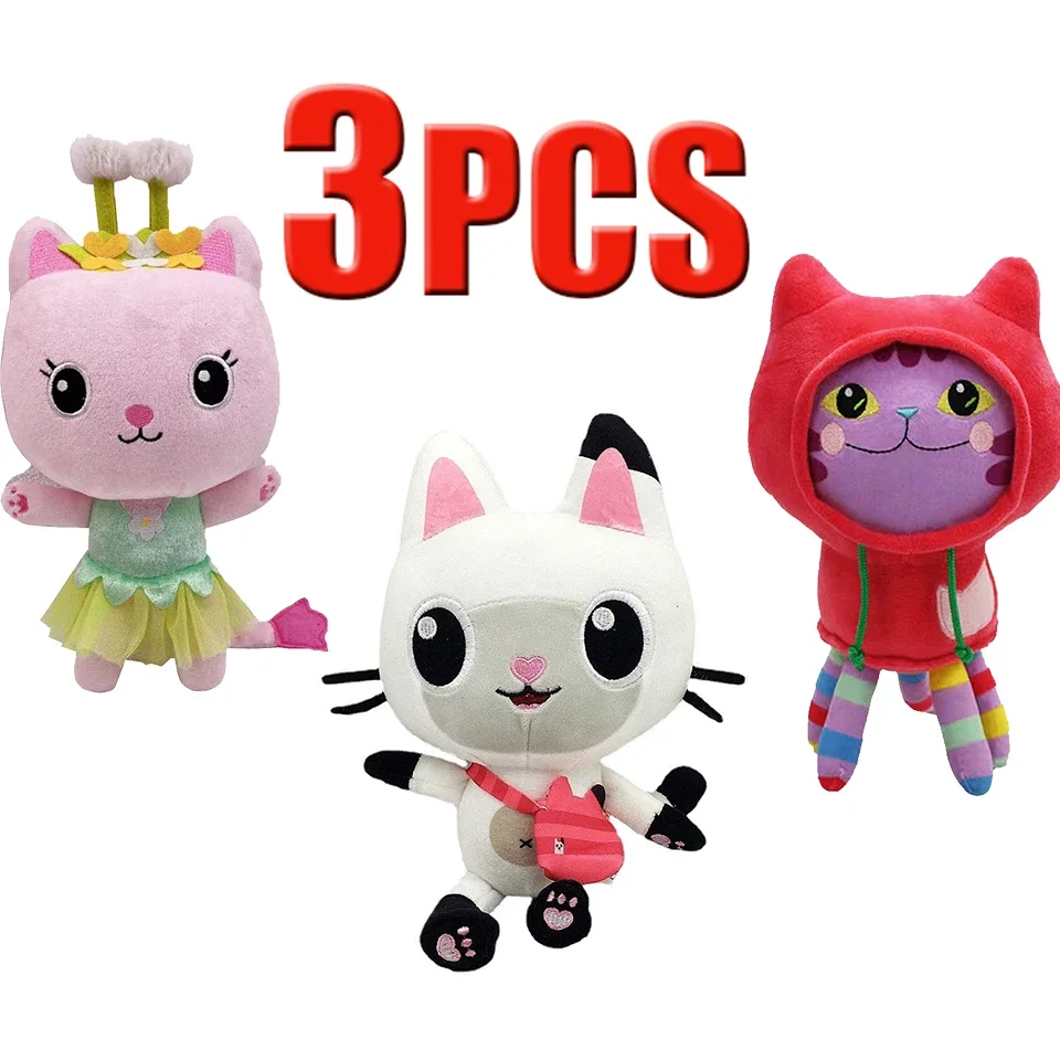 INSTOCK 20CM-25CM 3 uds casa de muñecas Gabby juguete de peluche Mercat dibujos animados animales de peluche gato sonriente coche abrazo de gato muñecas de niña Gaby cumpleaños