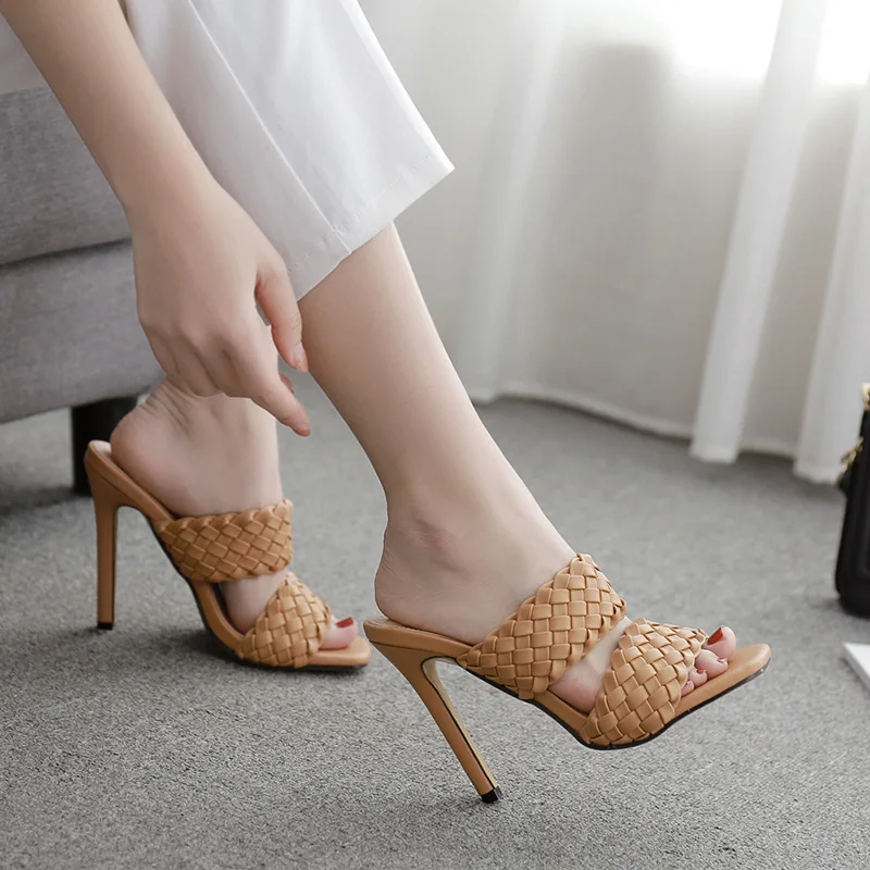 

2023 New Summer Weave Women Square Head Slippers Fashion Thin Heel High Heels Sandals Ladies Open Toe Office Shoes Slides Mule