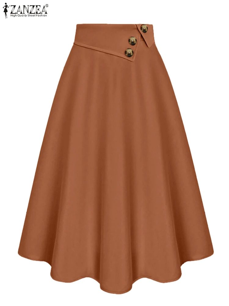 ZANZEA Elastic High Waist Woman Maxi Jupes Femme Solid Color Office Lady Commuting Fashion Faldas Elegant A-line Swing Skirts