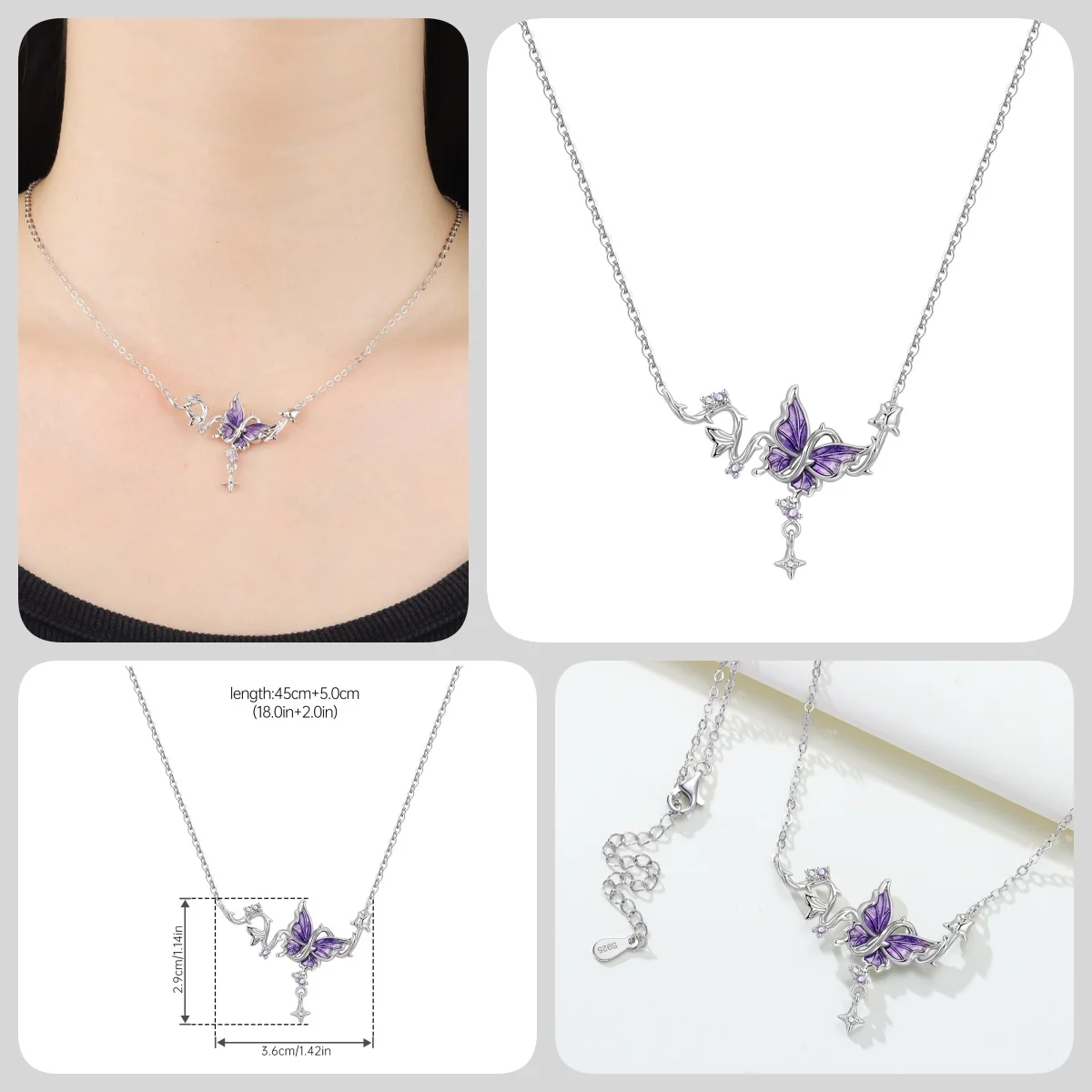 Orstarry S925 Sterling Silber Schmetterling-Blumen-Ohrringe und Halsketten-Set, Exquisites Herz-Hänge-Schmuckset für Damen, Party-Geschenk – Detail 36