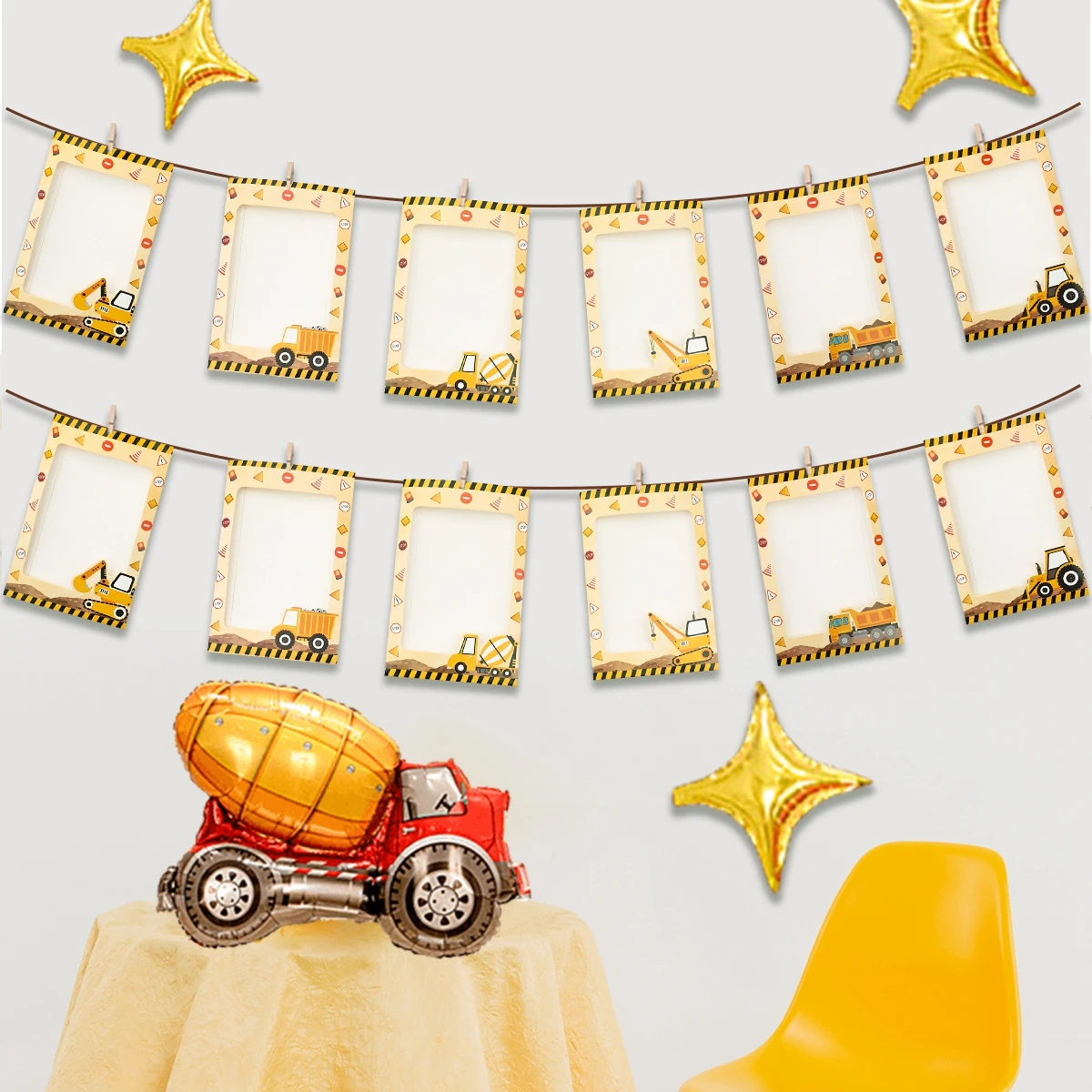 Construction Photo Frame Banner Excavator Tractor Engineering Vehicle Photo Garland 1st Bithday Party Decor Kids Boy Baby Shower