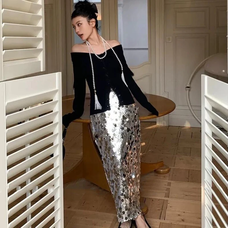 Women Formal Skirts Elegant Silver Long Sequin Party Club Evening High Waist Skirts Female Casual Cocktail Skirts