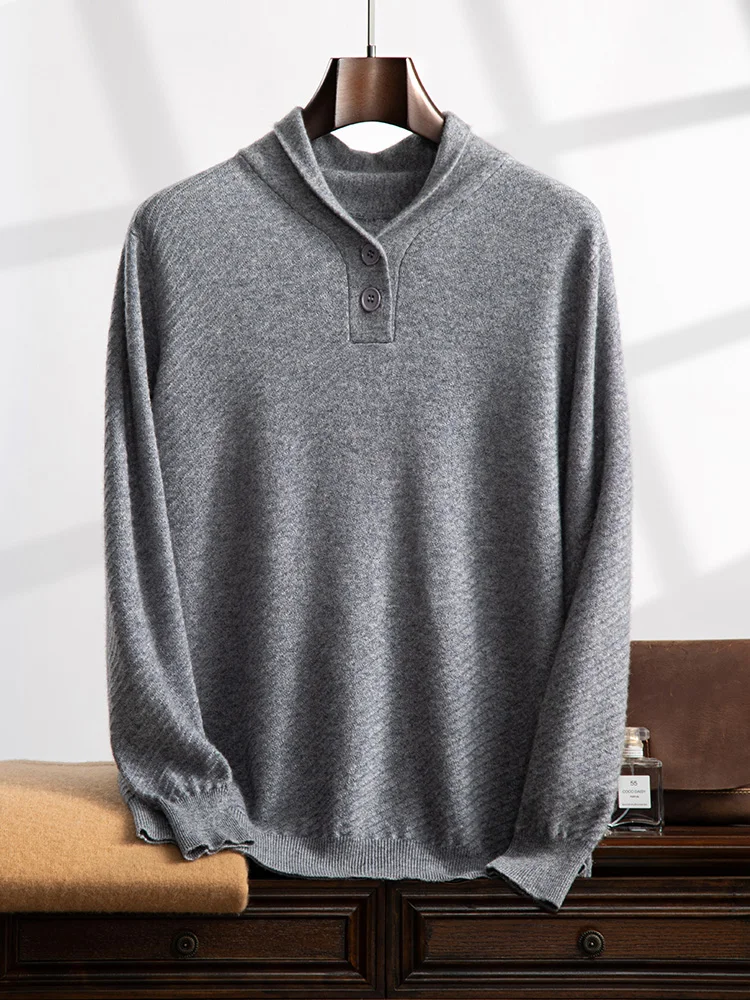 

Luxury Men 100% Cashmere Sweater Autumn Winter 2 Buttons Pullover Casual Smart Jumpers Soft Cozy Knitwear Old Money Tops