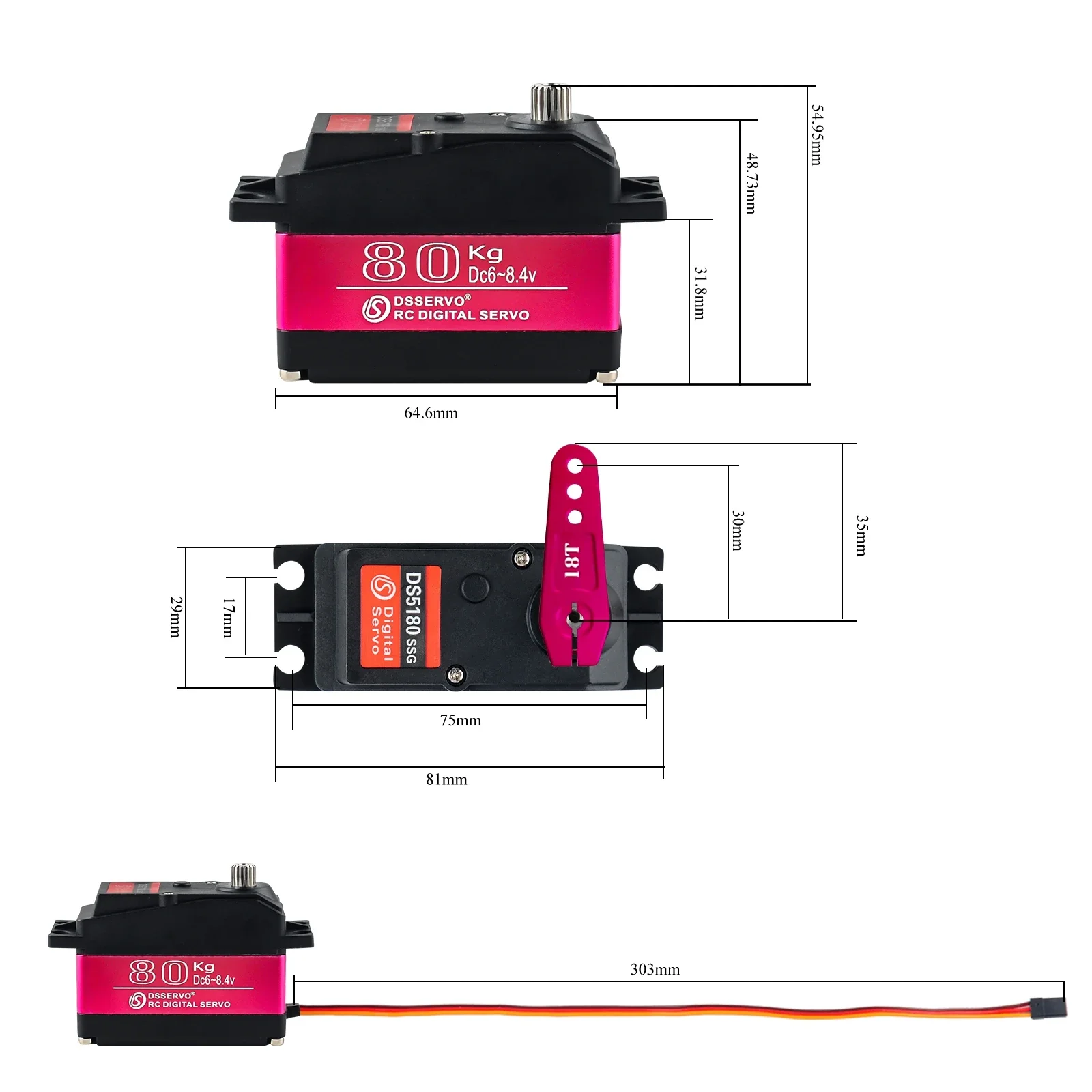 DS5180 Digital Servo 80KG 7.4V Motor Metal Robotic 180/270 Degree Waterproof IP66 High Torque with Arm for HPI Baja 5B SS RC Car