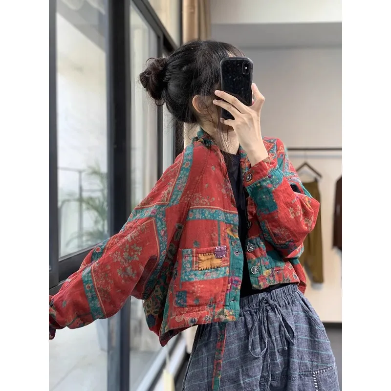 Printed Linen Cotton Jacket, Ethnic Style Cotton Clip Thick Short and Thin Jacket, Women\'s Autumn and Winter 2024 Style