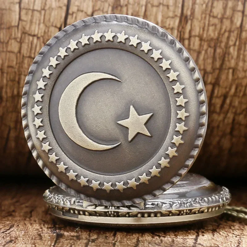Antique Turkey Flag Design Men Women Quartz Pocket Watch Carving Moon Star Pendant Necklace Chain Clock Reloj de bolsillo