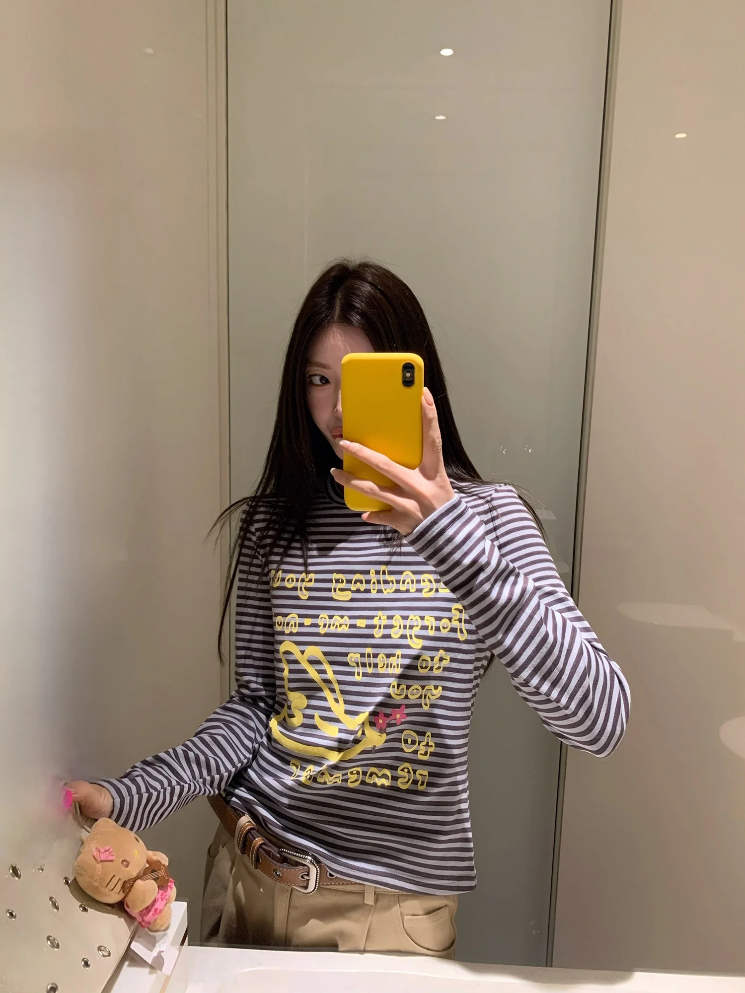 

Вязаная футболка с принтом, хлопковая, с длинными рукавами, круглым вырезом, в полоску, с дизайном в виде зубных протезов, такс, птиц и цветов