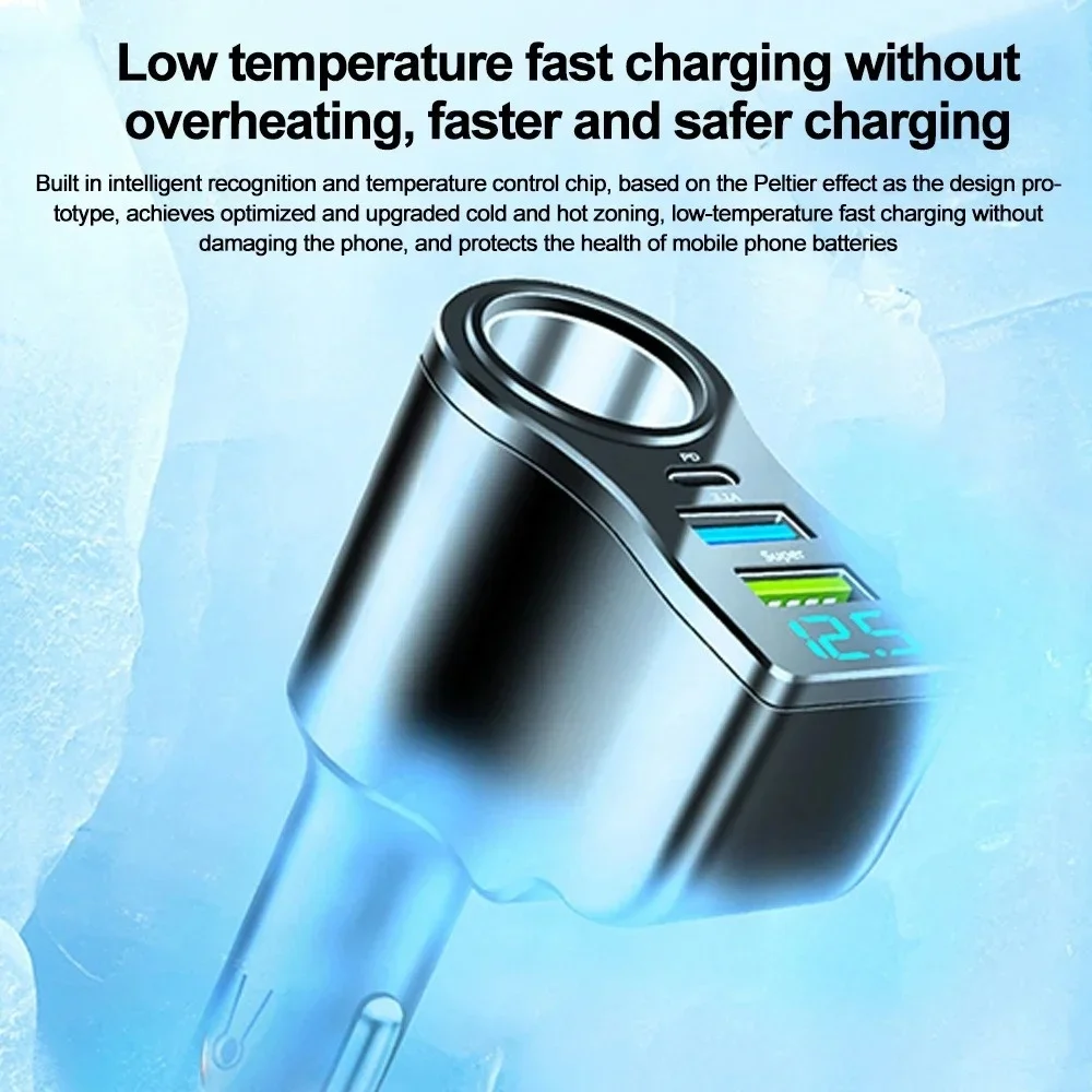 4 in 1 66W Car Charger Super Fast Charging Socket Splitter USB Type-C Car Charger Voltage Digital Display For iPhone Huawei