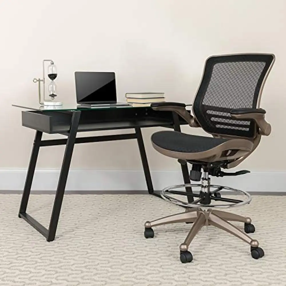 Mesh Mid-Back Drafting Chair with Flip-Up Arms and Chrome Foot Ring Adjustable Height  Tilt