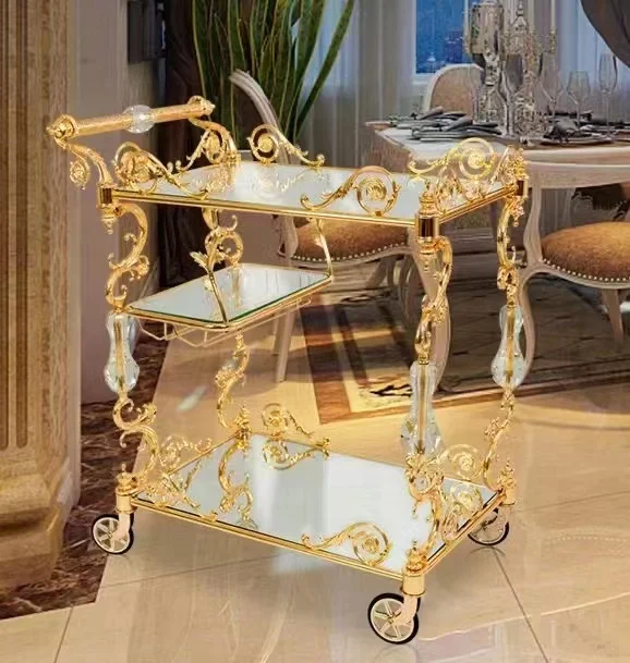 Luxury Classical Design Stainless Steel Dinner Trolley Silver Gold Metal Movable Dinning Cart Truck Home Kitchen Hotel Furniture