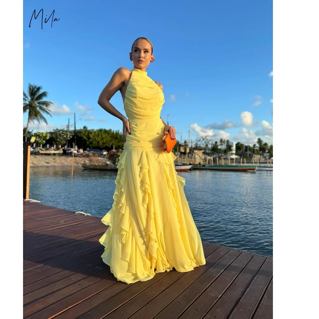 

Желтое шифоновое платье Mila с рюшами и вырезом халтер, вечернее платье на заказ, нарядное платье для женщин, для свадеб и торжеств