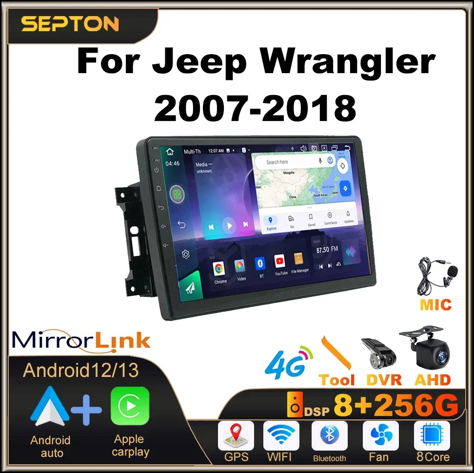 

Автомобильное радио SEPTON Android 12, для Jeep Wrangler 2007-2018, мультимедийный плеер, GPS, головное устройство, 4G, Wi-Fi, Carplay, Android, авто GPS