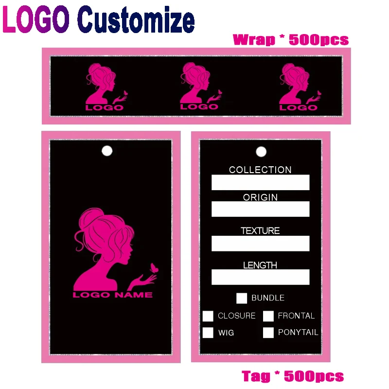 

LOGO Customized Wig Tags Bundels Wrap - 5.4*9Cm Wig Tags 12*3Cm Self-Adhesive Hair Wrap - 500 Pieces Hair Tags And Wrap