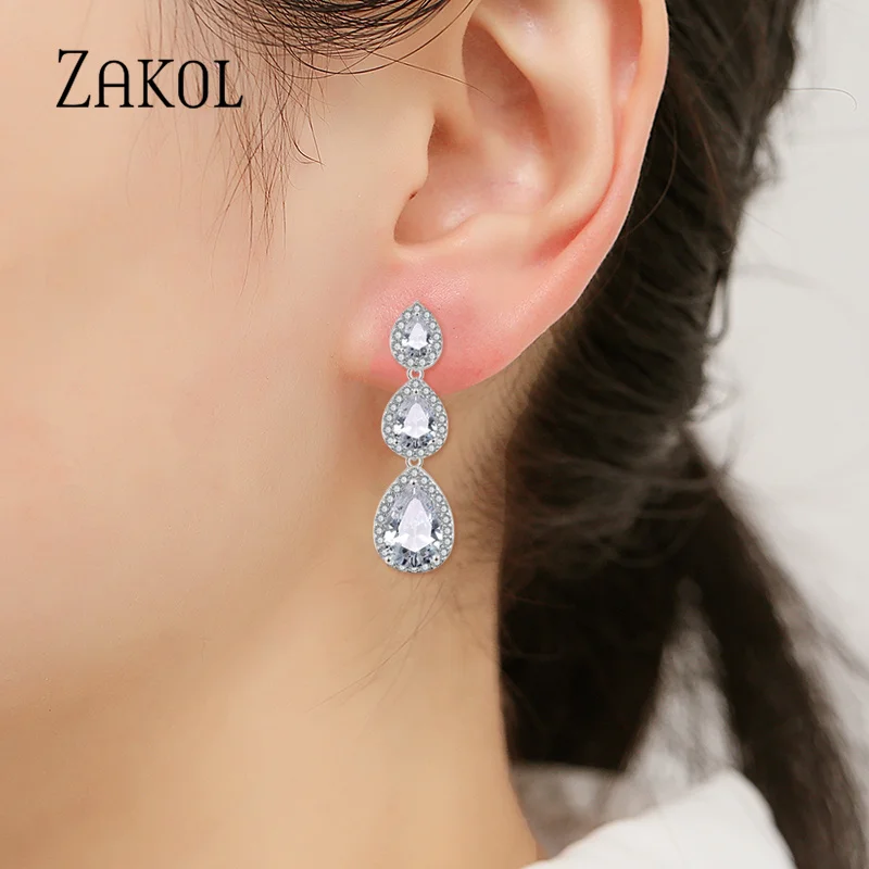 ZAKOL Fashion Water Drop CZ Zirconia Long Dangle Earrings for Women Bridal Wedding Party Crystal Jewelry EP2208