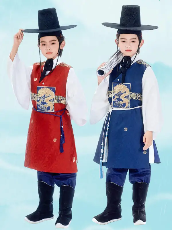 

Hanbok Boy Robe 3Pcs North Korea Dragon Emboroidery Vest Pants Sets Traditional Minority Performance Costume Sending Waist Rope