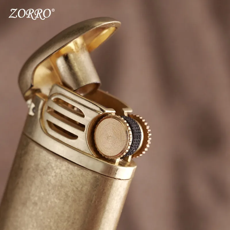 Zorro-Brass Kerosene Lighter, Retro Vintage Mini Portable Gasoline Flint Grinding Wheel, Windproof Men\'s Smoking Gift, Original