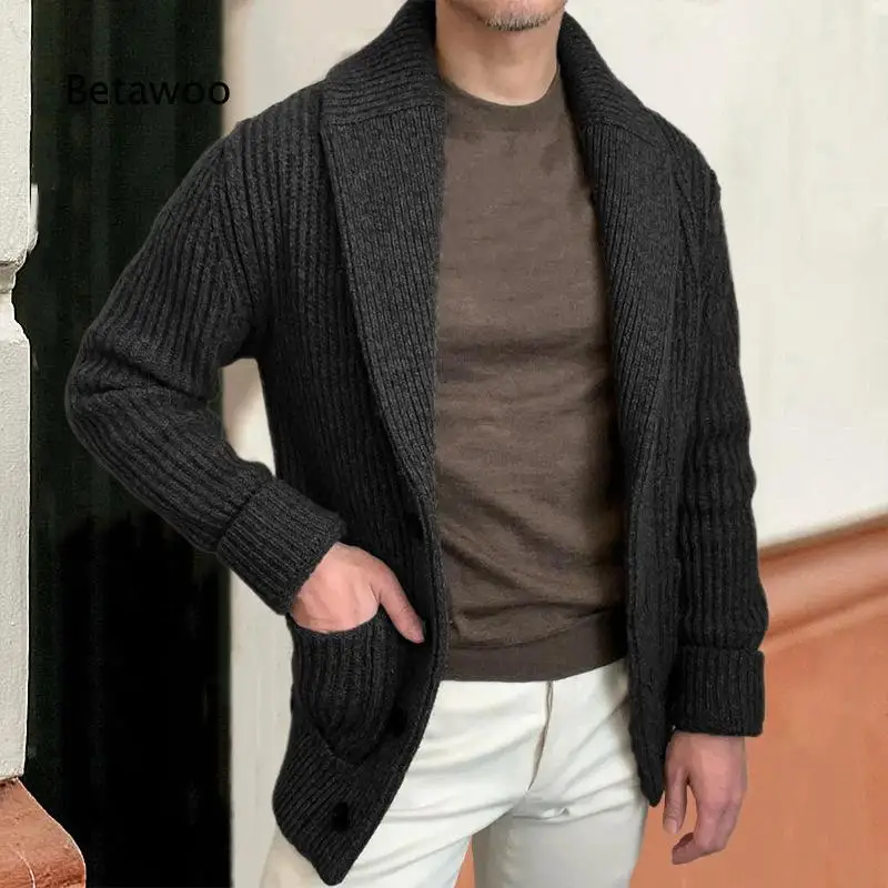 Men Shawl Collar Ribbed Knit Cardigan Open Front Pocket Sweater Coat Casual Warm Outerwear for Daily Wear
