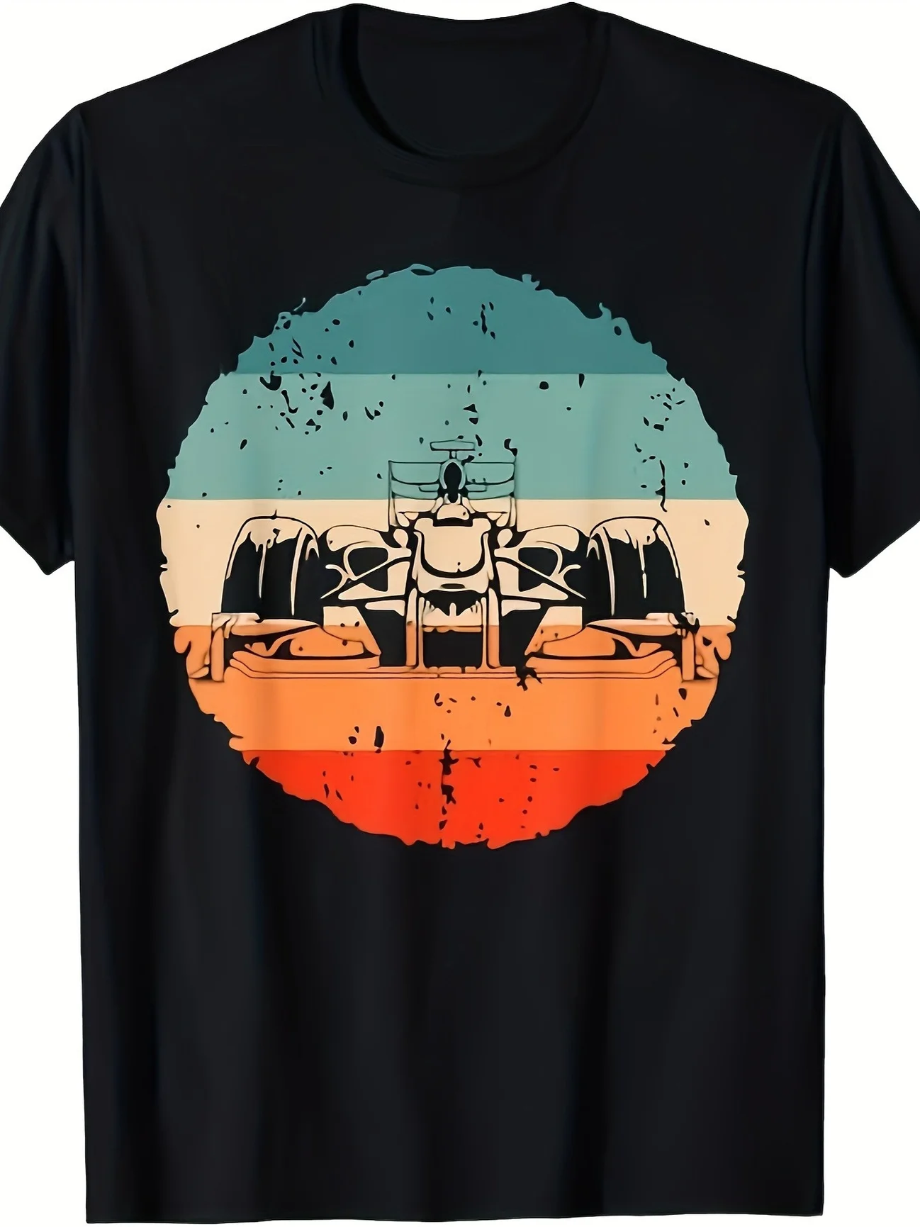 T-shirt vintage pour homme avec silhouette de voiture de course - Design dégradé rétro, col rond noir, t-shirt sportif décontracté pour les passionnés de course, parfait pour le printemps, l'été et l'automne, t-shirt sur le thème des voitures, grande taille