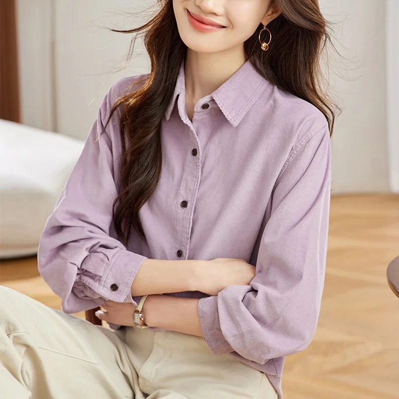 

Thickened Long Sleeve Corduroy Shirt Women's Spring Fashion Commute Style Purple Flocking Cotton Business Casual Top
