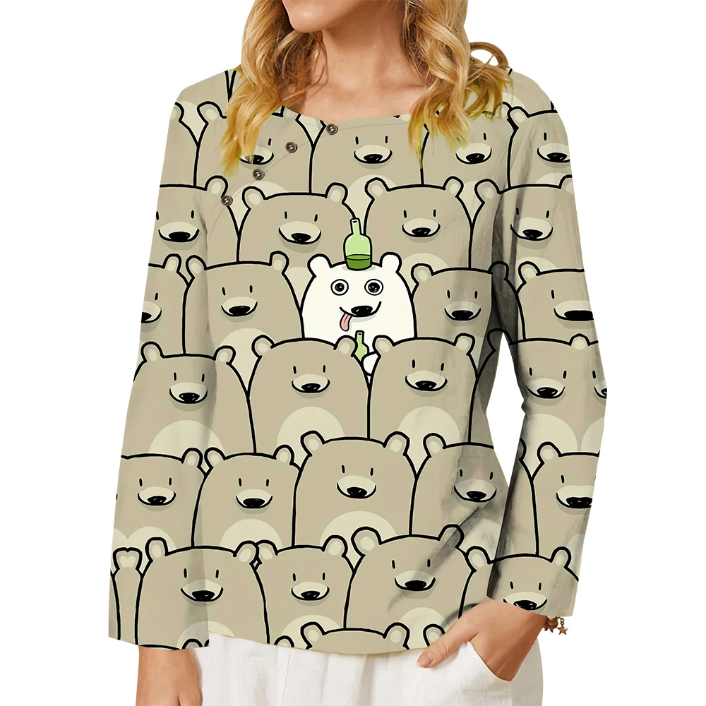 CLOOCL Shirts for Women Lovely Cartoon Bear Pattern Printed Tee Long Sleeve Blouse Fashion Casual Spring Autumn Female Tops