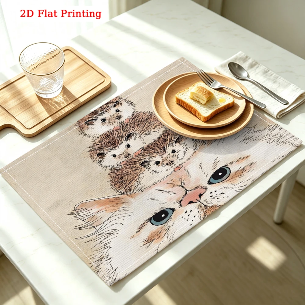 2Pcs Cute Cat And Hedgehog Placemat Beige Animal Print Table Mat Kitchen Dining Decor Non Slip Heat Resistant 30X40Cm
