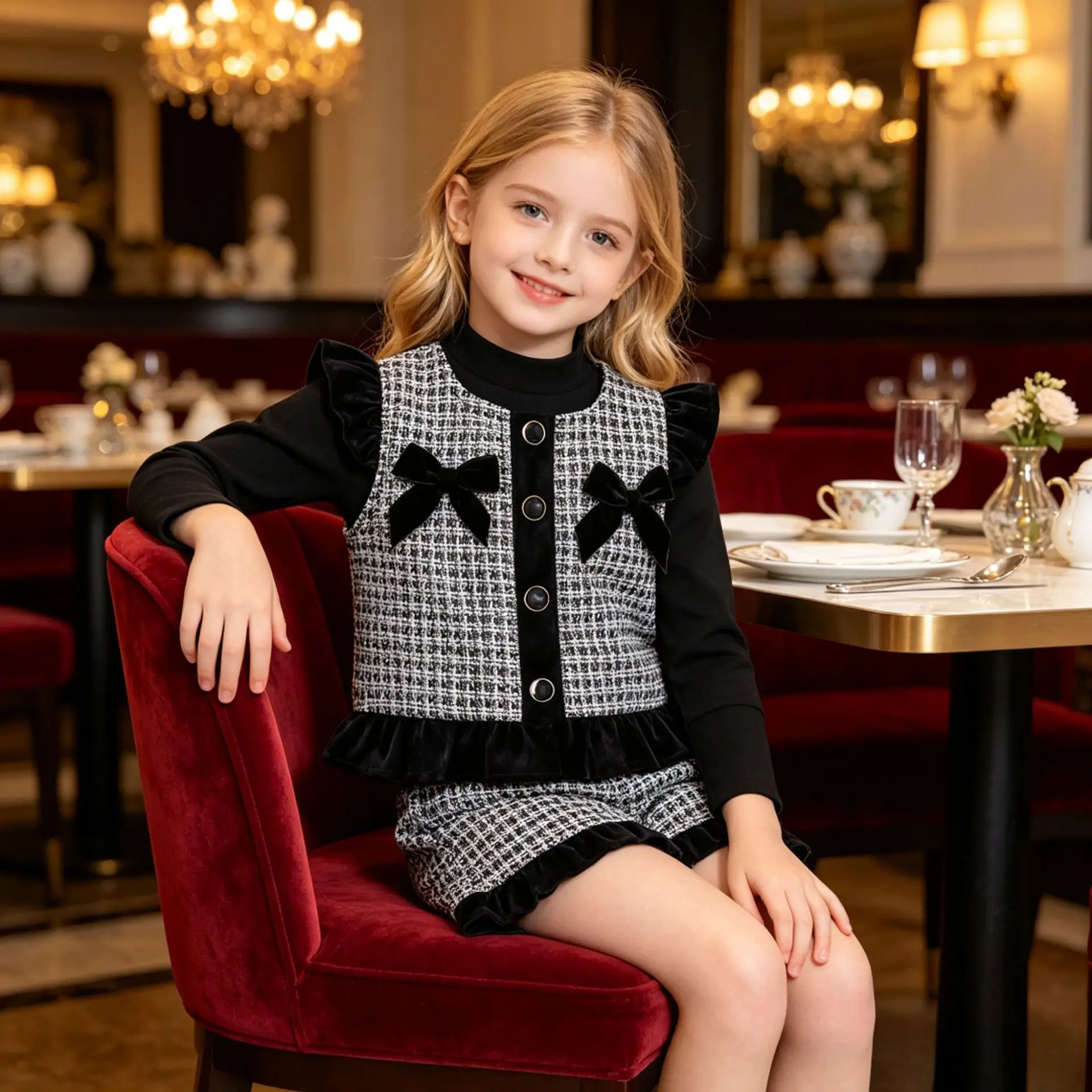 Girls Tweed 3‑Piece Outfit Houndstooth Vest Bow Decor Long‑Sleeve Top Shorts Kids Autumn Fashion Casual Party Suit 90‑130cm