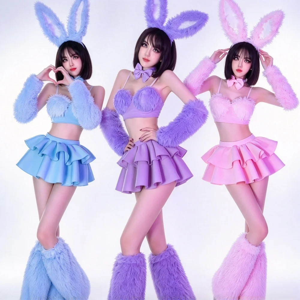 Plush Rabbit Ear Bikini Leg Cover Festival Rave Outfits Bar Nightclub Women Dancer Team Sexy Performance Stage Wear Gogo Costume