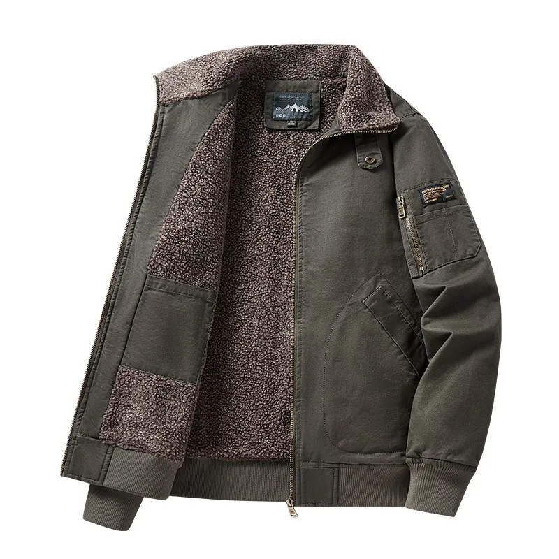 

Мужская зимняя куртка с меховой подкладкой, повседневная, с воротником-стойкой, теплая, в стиле ретро, американский рабочий стиль, на молнии, длинный рукав
