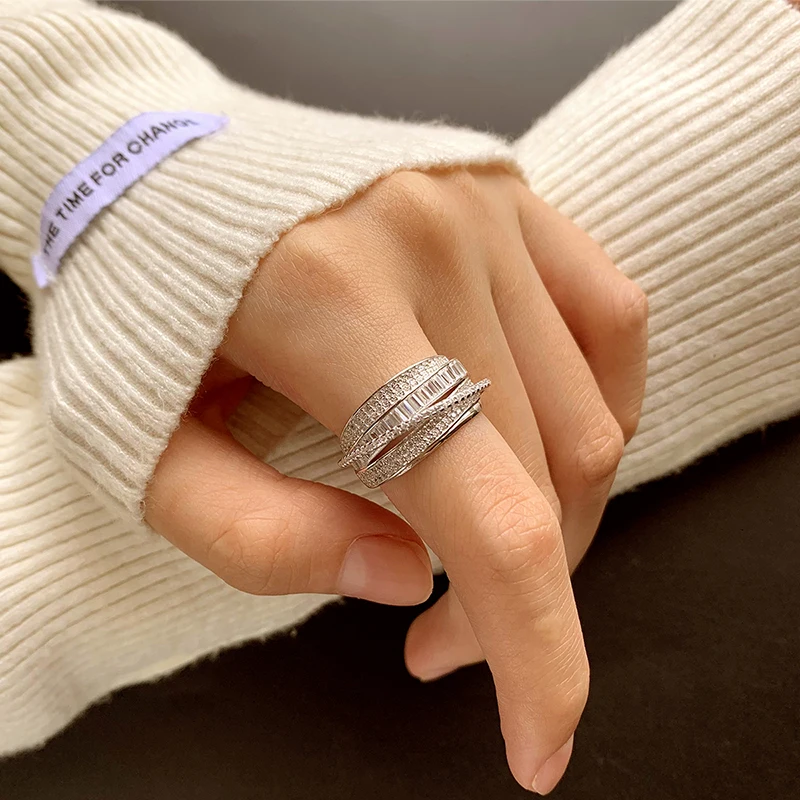 Simple and Fashionable Genuine S925 Silver Shiny Zircon Cross Line Ring Niche Design Temperament and High-end Sense