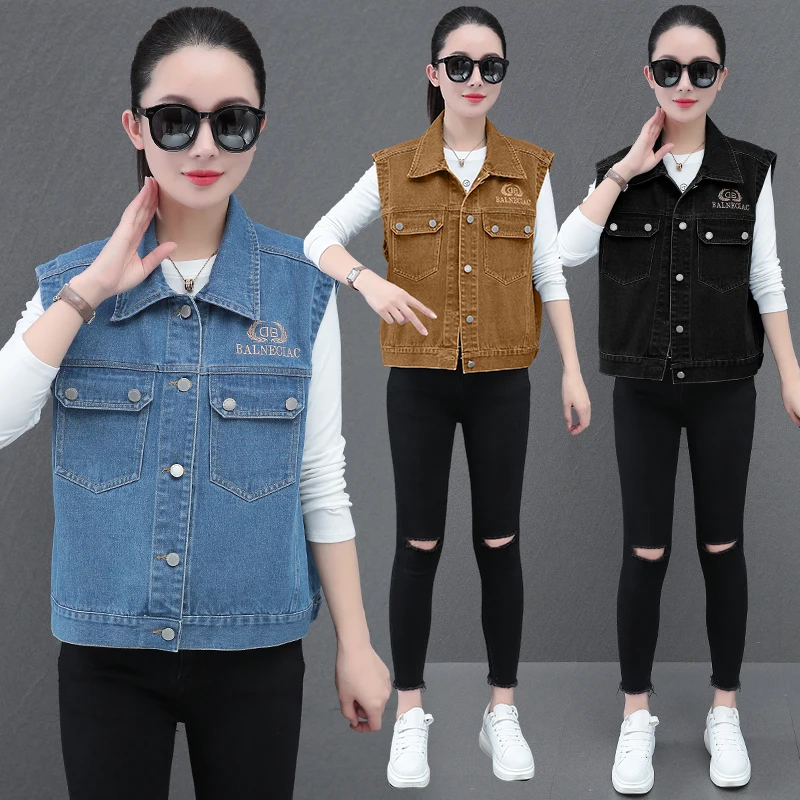 Faionable Casual Loose Denim Svel  Collar Vest with kets Embroidery Outerwear Women's Commute Sle Cotton Jaet