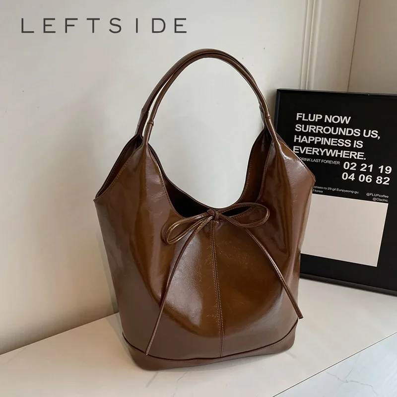 LEFTSIDE Bow Design Big PU Leather Shoulder Bags For Women 2024 Y2K Korean Fashion Trend Female Hobo Bag Lady Handbags Tote Bags