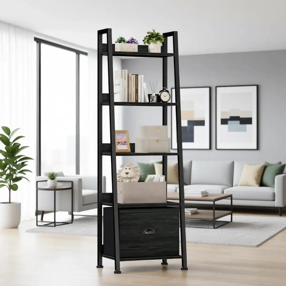 

5-Tier Narrow Ladder Bookshelf, 55.6 Tall Industrial Style Storage Rack Organizer for Home Office, Living Room, Bedroom in Black