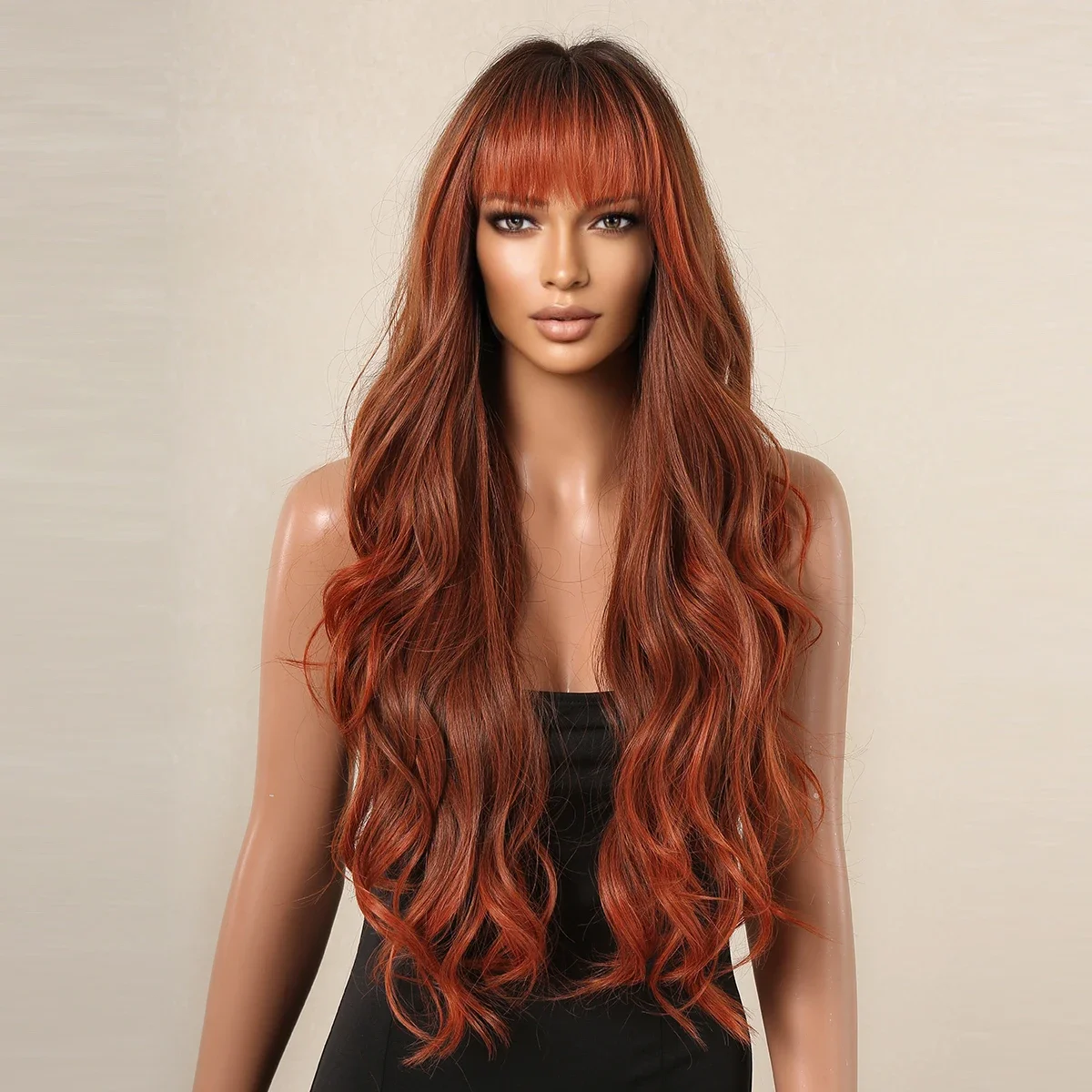 Long Body Wave Red Brown Synthetic Wigs with Bangs Copper Orange Hair for Women Daily Cosplay Party Natural Heat Resistant Wigs