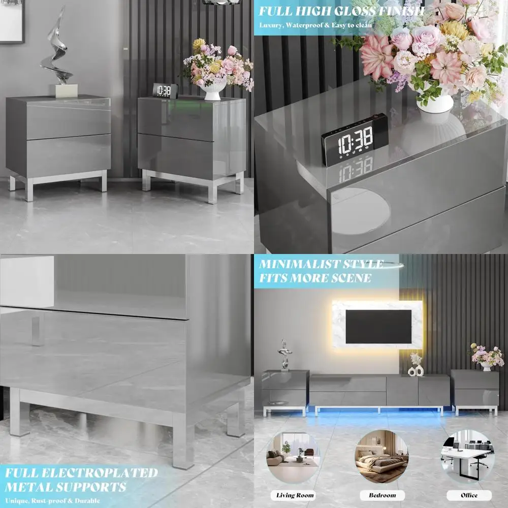 AMERLIFE مجموعة منضدة حديثة وبسيطة مكونة من 2، 24 طاولة جانبية للأريكة مطلية بالكهرباء عالية اللمعان مع درجين للتخزين المغناطيسي، Rec #1